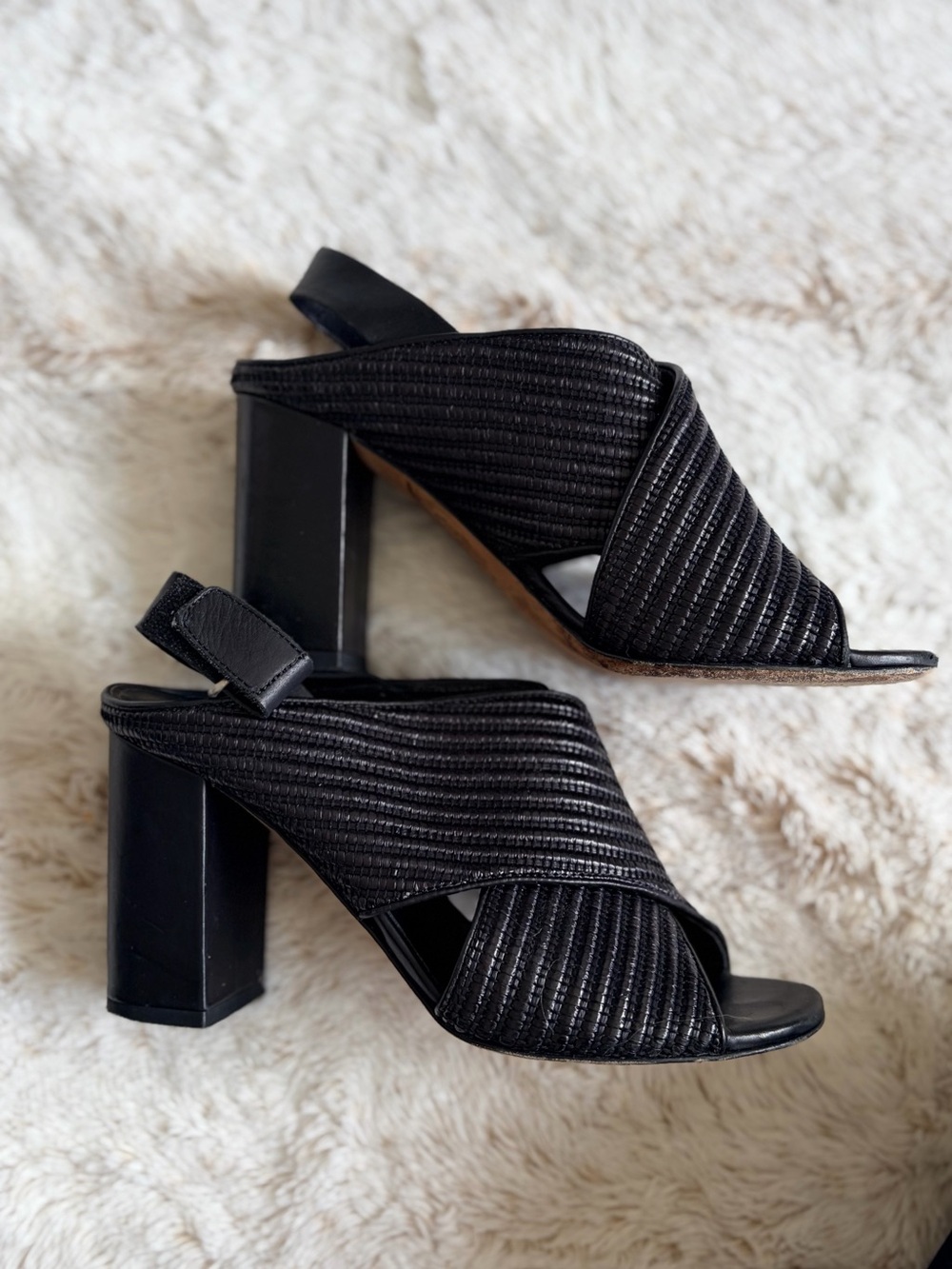 Vince Faine Black Woven Leather Block Heel Sandals Italy Minimalist Quiet Luxury